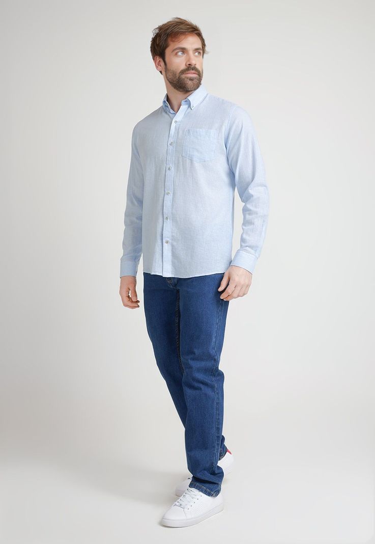 Camisa Hombre Mezcla Lino Algodón Diseño Slim Bron Celeste-3