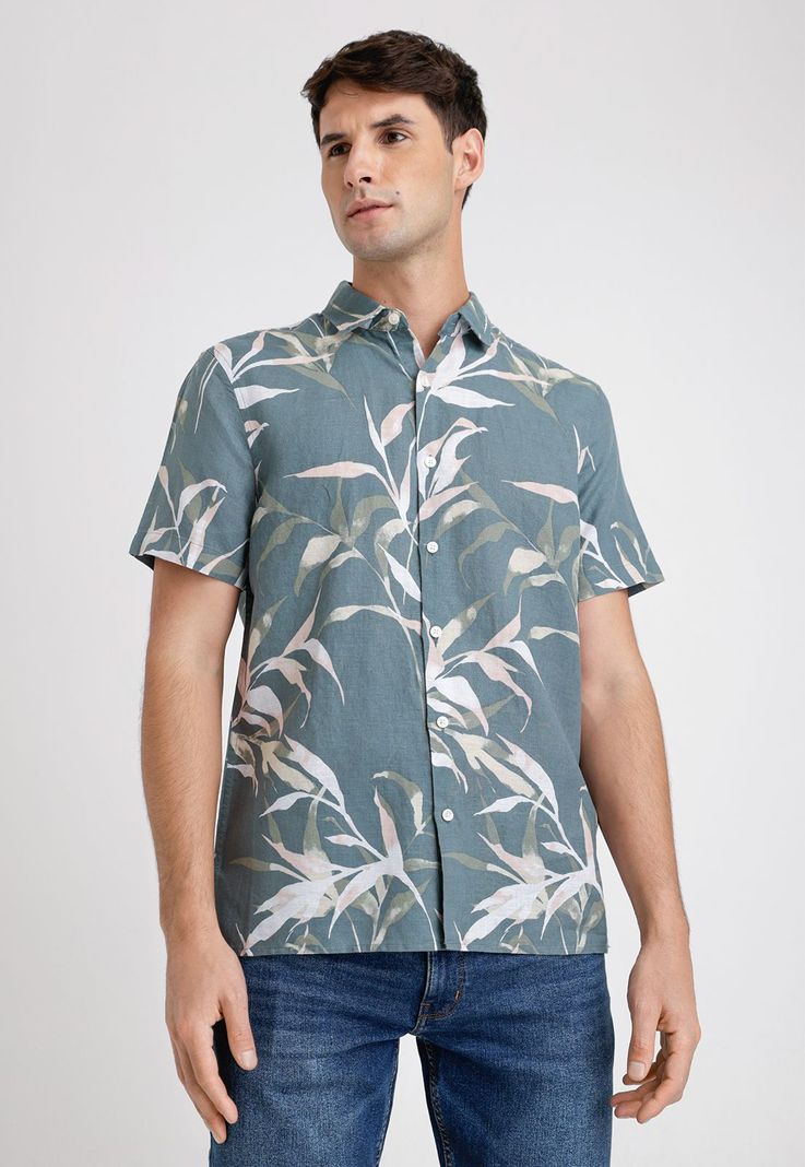 Camisa Hombre Manga Corta Lino Estampada Verde-0