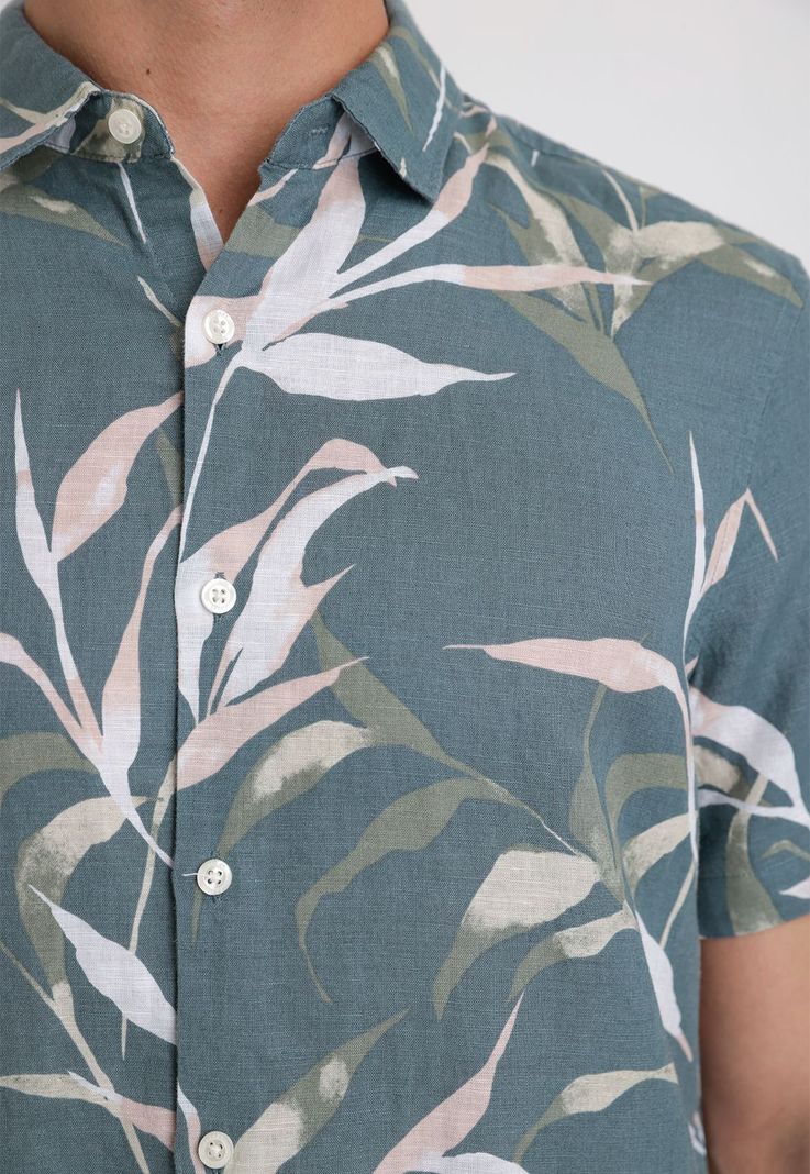 Camisa Hombre Manga Corta Lino Estampada Verde-2
