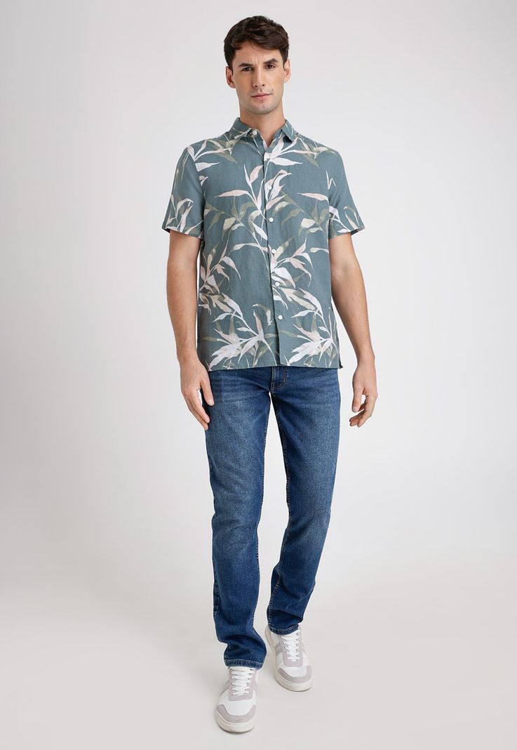 Camisa Hombre Manga Corta Lino Estampada Verde-3