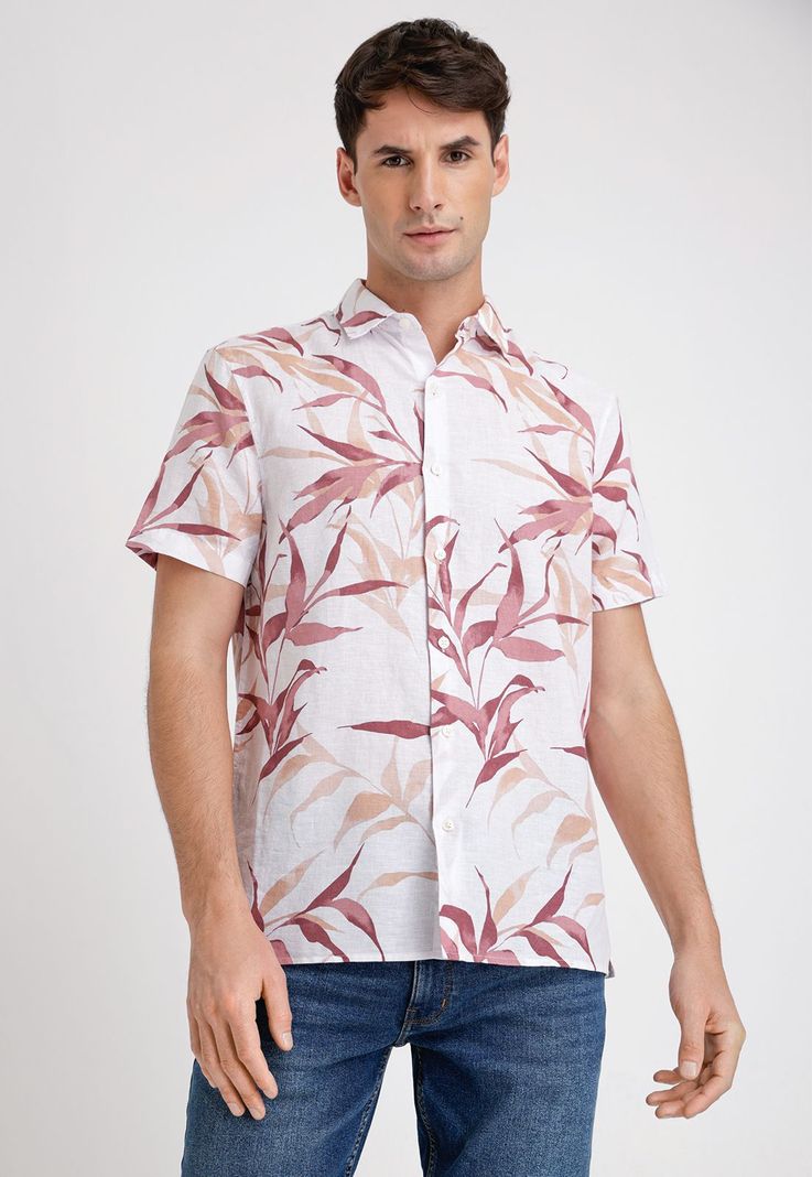 Camisa Hombre Manga Corta Lino Estampada Rosa Viejo-0