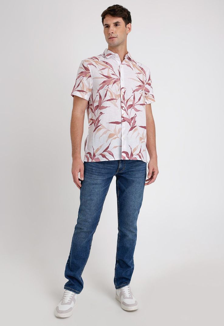 Camisa Hombre Manga Corta Lino Estampada Rosa Viejo-3