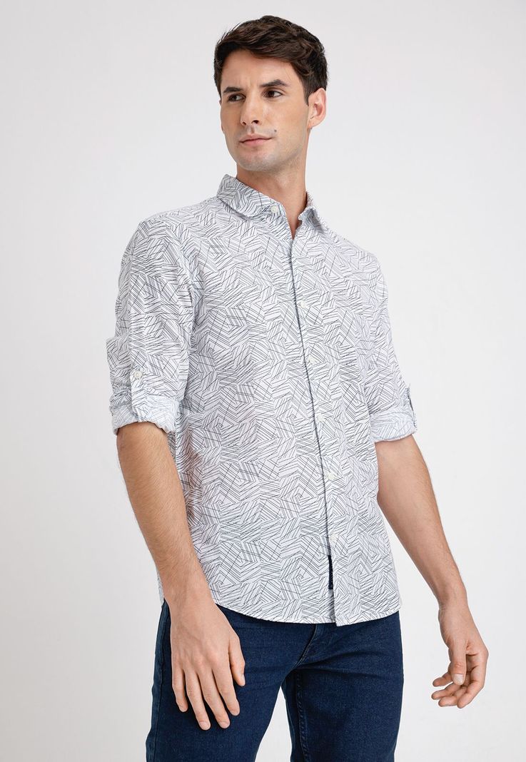 Camisa Hombre Larga Corta Lino Estampada Blanco-0