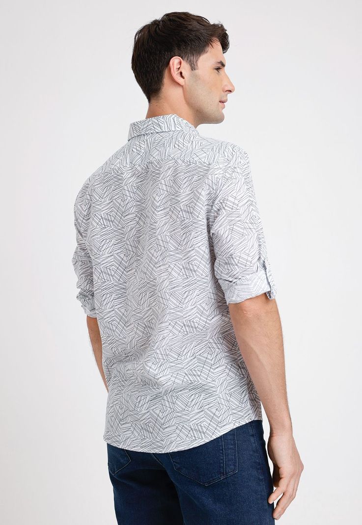 Camisa Hombre Larga Corta Lino Estampada Blanco-1