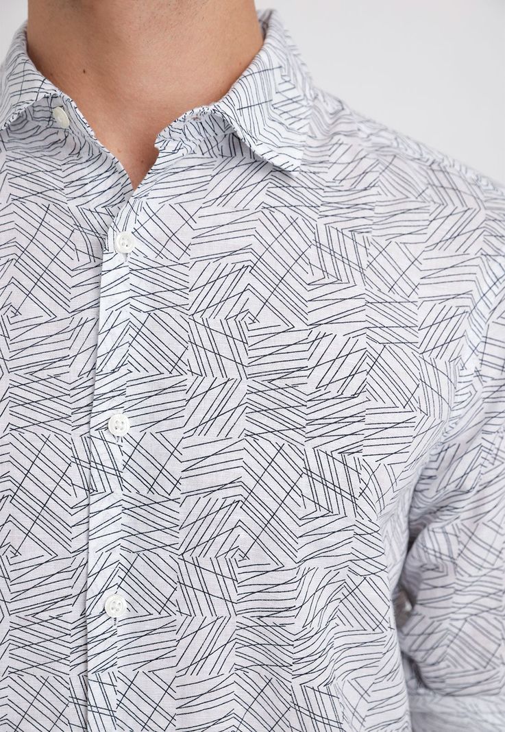 Camisa Hombre Larga Corta Lino Estampada Blanco-2