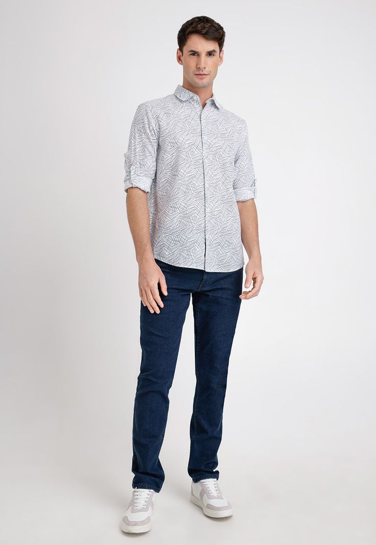 Camisa Hombre Larga Corta Lino Estampada Blanco-3