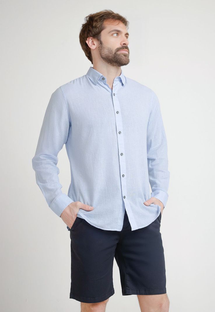 Camisa Hombre Mezcla Lino Algodón Liso Slim Braulio Celeste-0