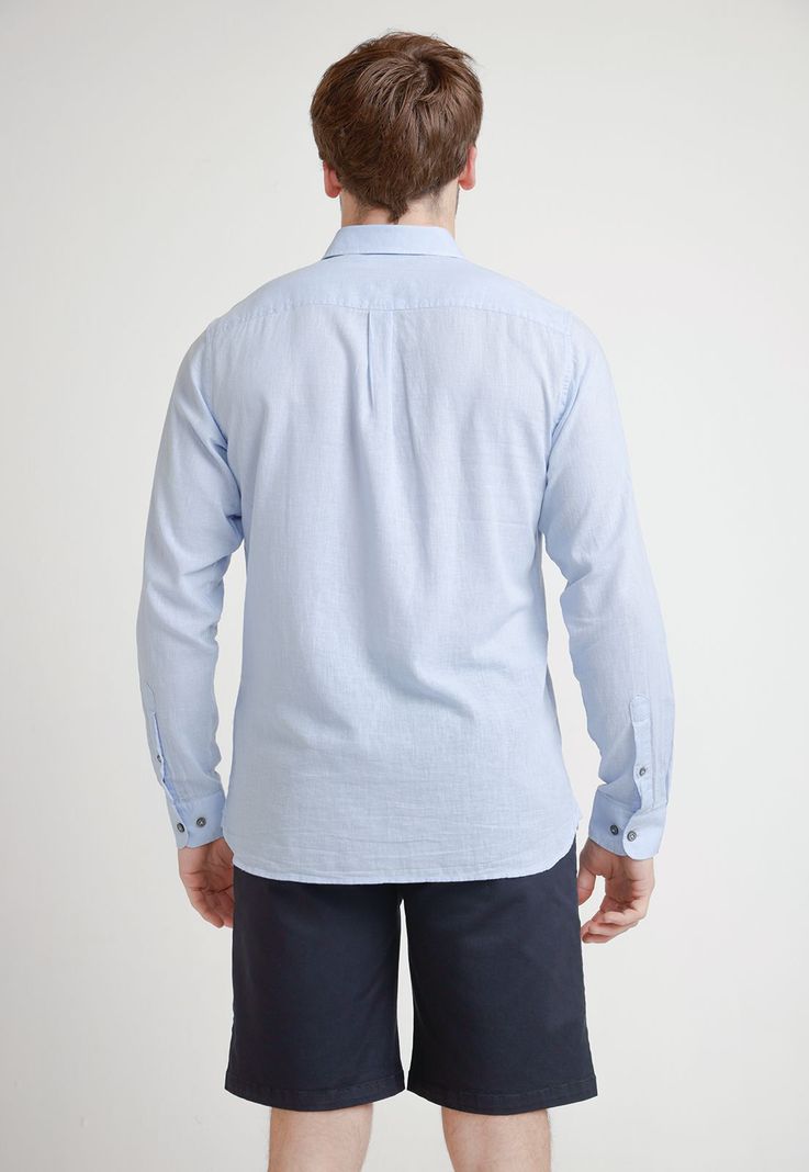 Camisa Hombre Mezcla Lino Algodón Liso Slim Braulio Celeste-1