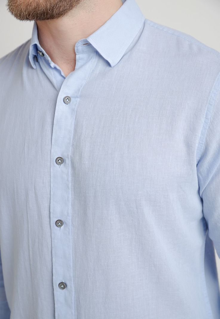 Camisa Hombre Mezcla Lino Algodón Liso Slim Braulio Celeste-2
