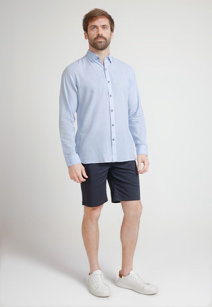 Camisa Hombre Mezcla Lino Algodón Liso Slim Braulio Celeste-3