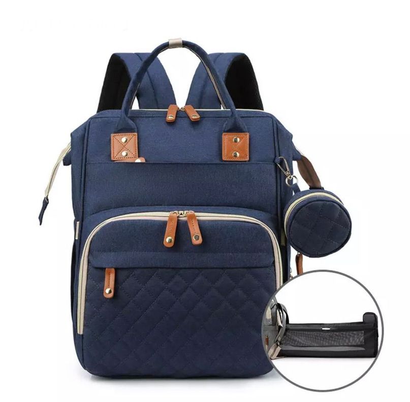 Mochila bebé pañalera cuna diseño azul ganchos coche-0