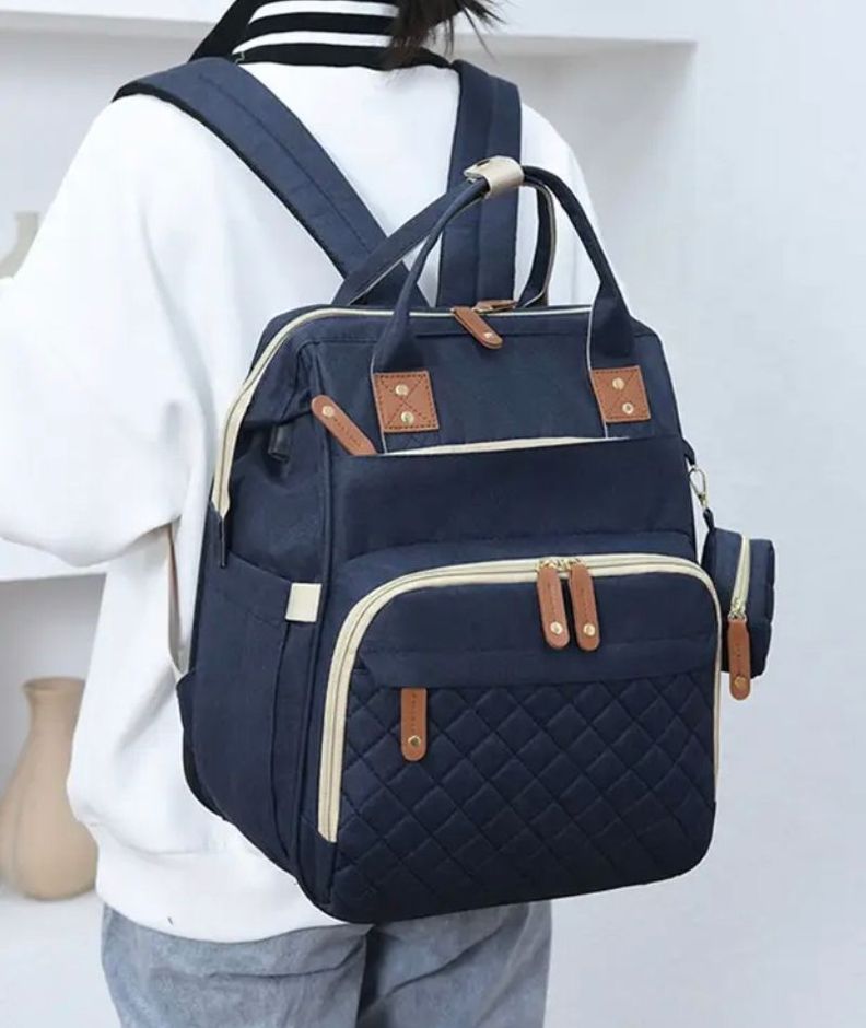 Mochila bebé pañalera cuna diseño azul ganchos coche-2