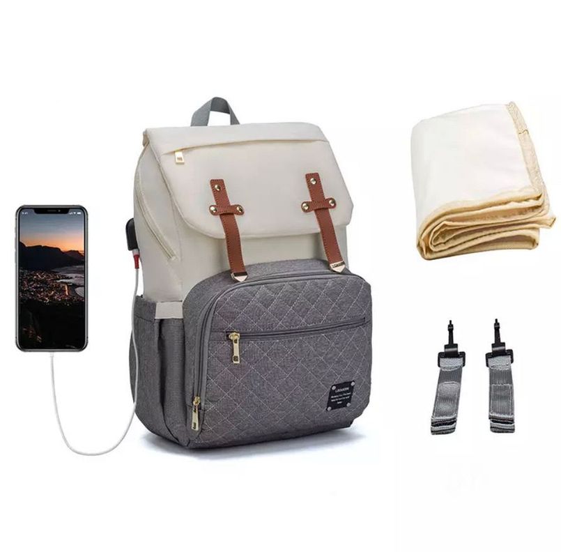 Mochila bebé pañalera original Lequeen Blanco Usb-0