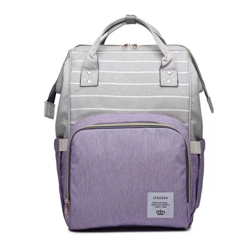 Mochila bebé pañalera original Lequeen clásica diseño morado con gris-0