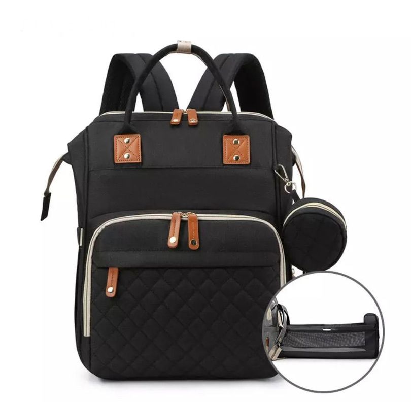 Mochila bebé pañalera cuna diseño negro ganchos coche-0