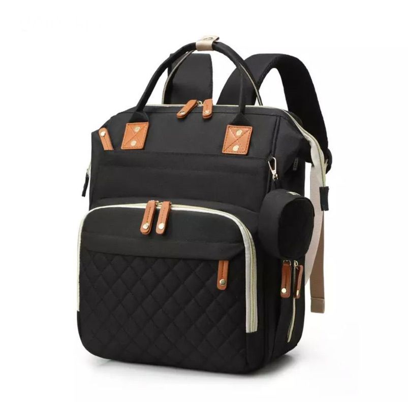 Mochila bebé pañalera cuna diseño negro ganchos coche-1