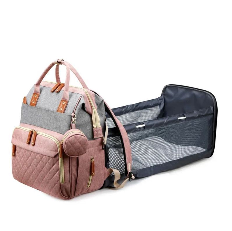 Mochila bebé pañalera cuna diseño gris rosa ganchos coche-0
