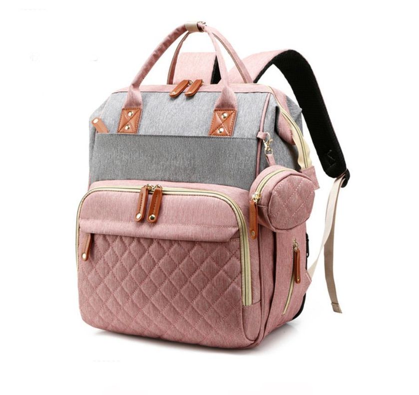 Mochila bebé pañalera cuna diseño gris rosa ganchos coche-1