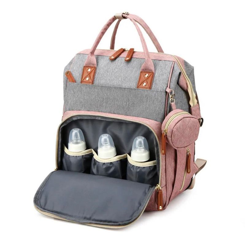 Mochila bebé pañalera cuna diseño gris rosa ganchos coche-2