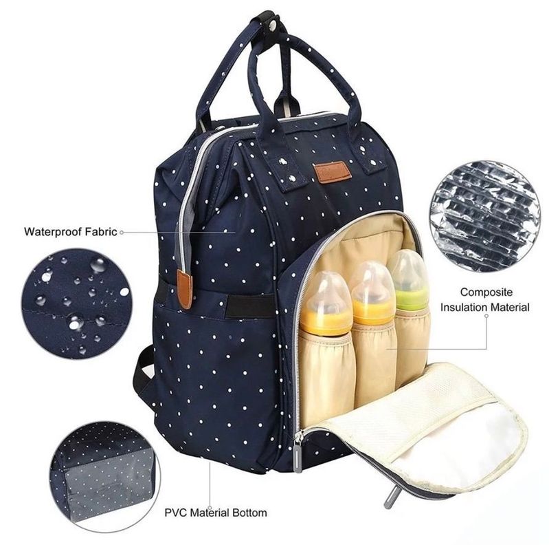 Mochila bebé pañalera original diseño azul con puntos Lequeen -2