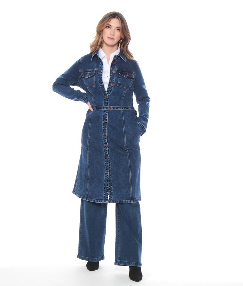 Chaqueta Denim Larga Manga Larga Abotonada En Delantero Y Bolsillos-0