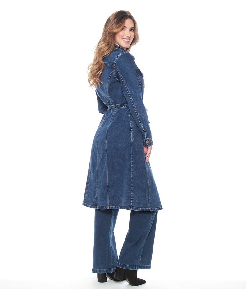 Chaqueta Denim Larga Manga Larga Abotonada En Delantero Y Bolsillos-1