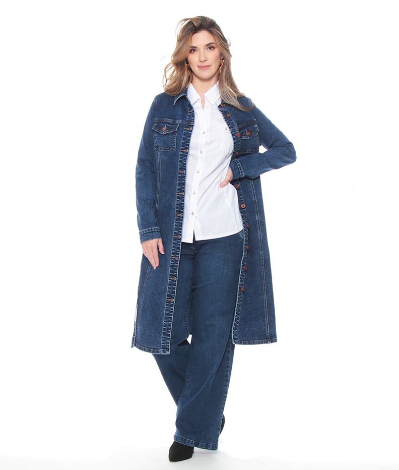 Chaqueta Denim Larga Manga Larga Abotonada En Delantero Y Bolsillos-3