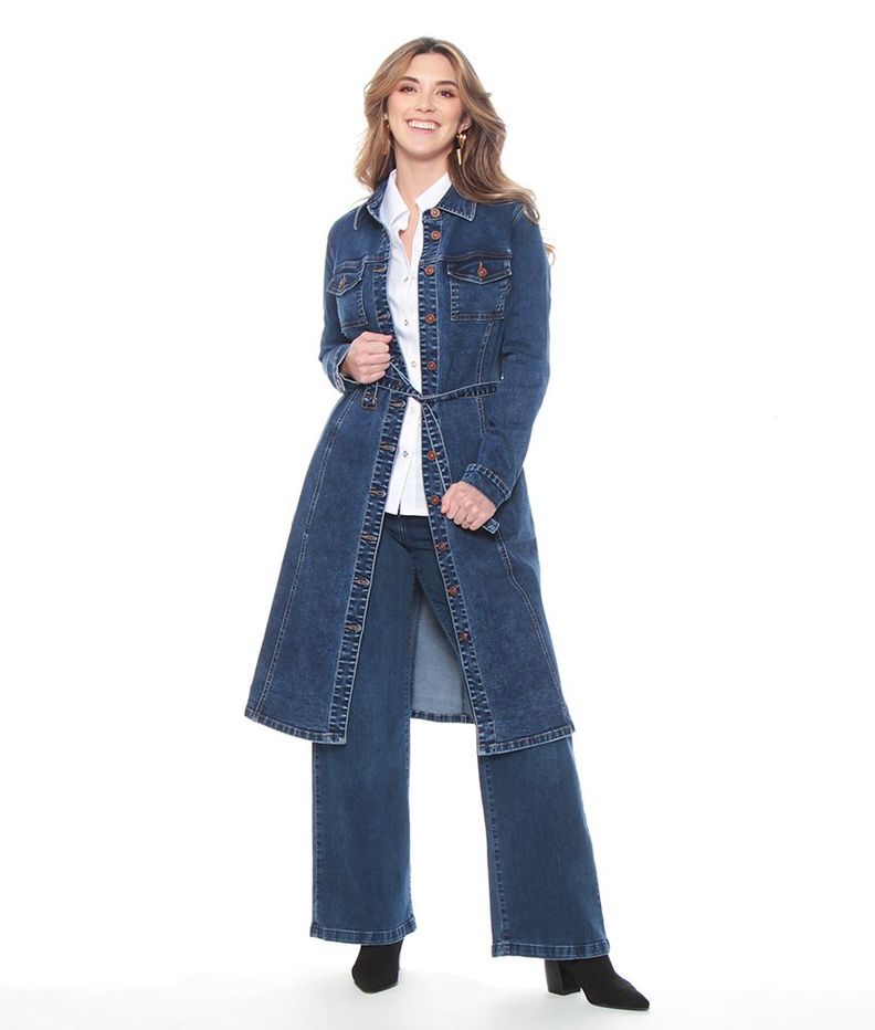Chaqueta Denim Larga Manga Larga Abotonada En Delantero Y Bolsillos-5