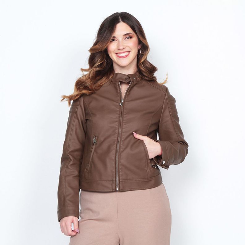 Chaqueta Manga Larga Cuero Ecologico Cuello Mao Y Cierres-0