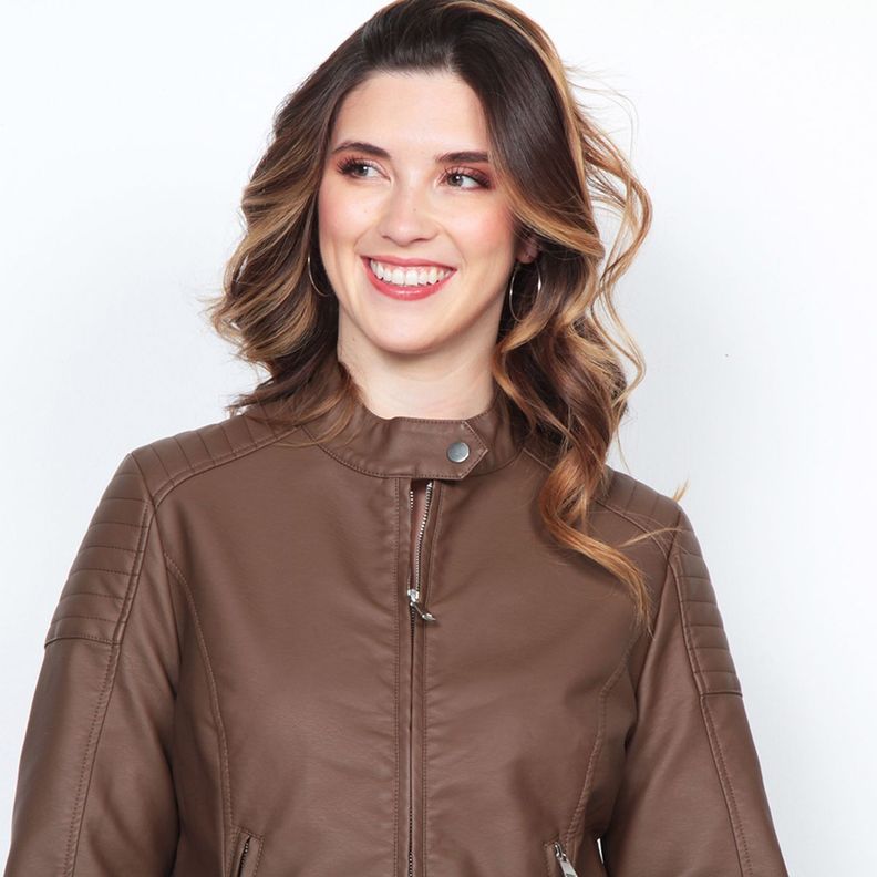 Chaqueta Manga Larga Cuero Ecologico Cuello Mao Y Cierres-2
