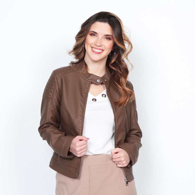 Chaqueta Manga Larga Cuero Ecologico Cuello Mao Y Cierres-4
