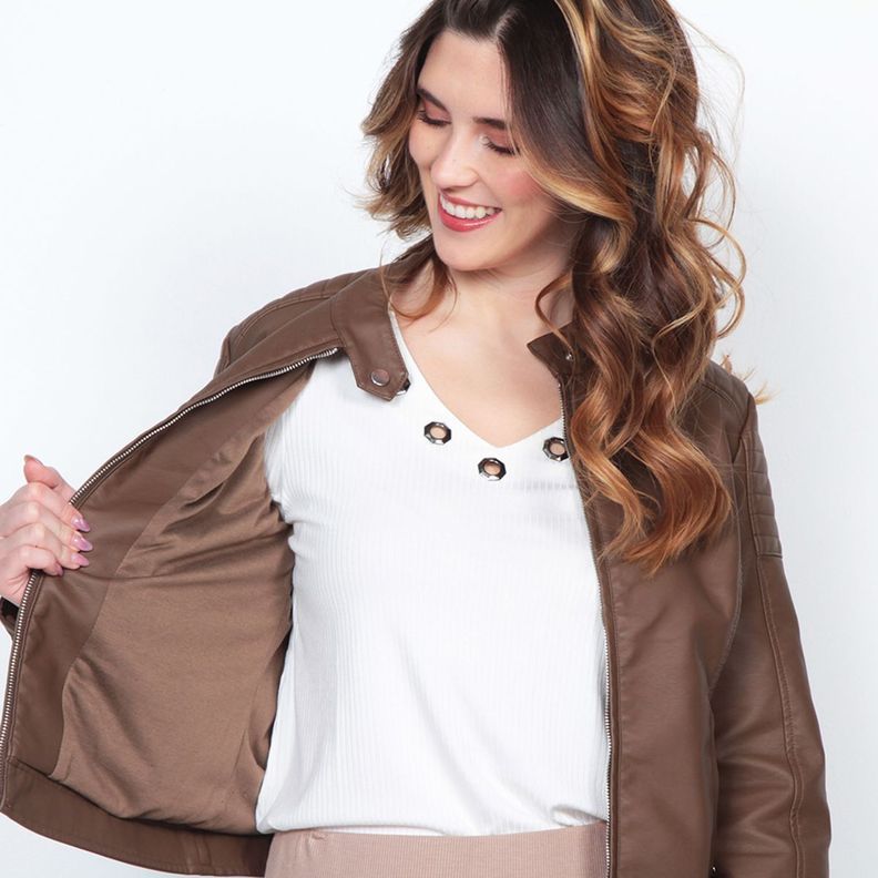 Chaqueta Manga Larga Cuero Ecologico Cuello Mao Y Cierres-5