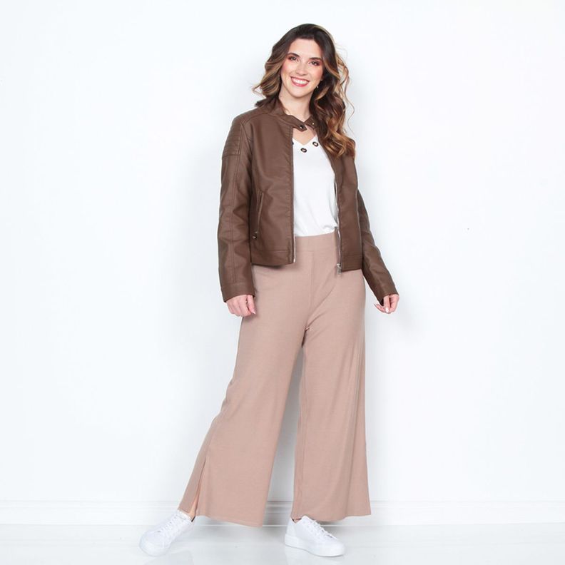 Chaqueta Manga Larga Cuero Ecologico Cuello Mao Y Cierres-7