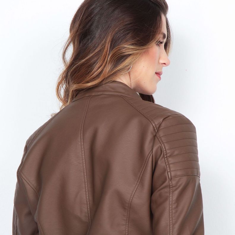 Chaqueta Manga Larga Cuero Ecologico Cuello Mao Y Cierres-8