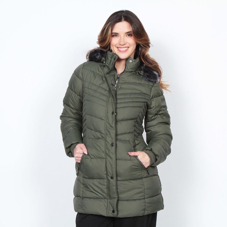 Parka Manga Larga Con Piel En Capucha Y Bolsillos Con Cierre-0