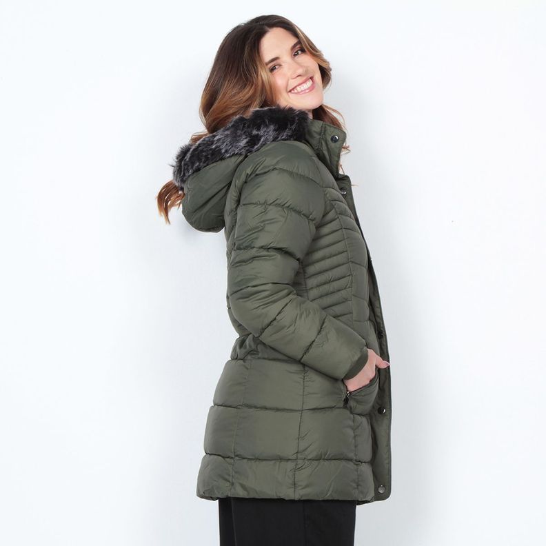 Parka Manga Larga Con Piel En Capucha Y Bolsillos Con Cierre-1