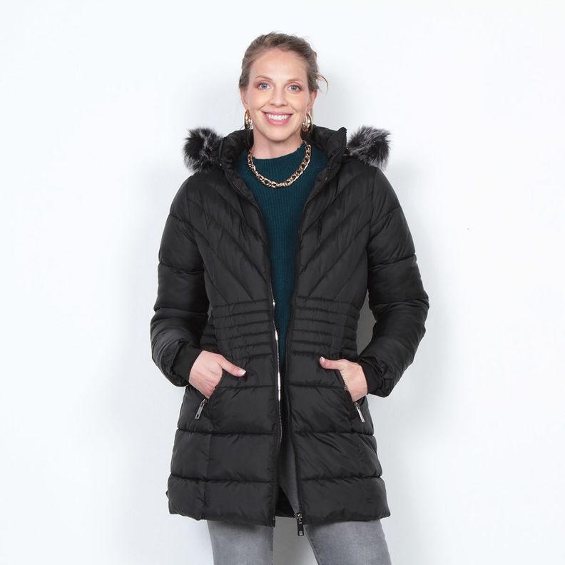 Parka Manga Larga Con Piel En Capucha  Y Bolsillo Con Cierre-0