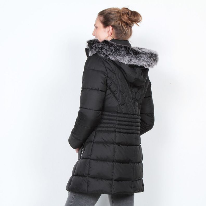 Parka Manga Larga Con Piel En Capucha  Y Bolsillo Con Cierre-1