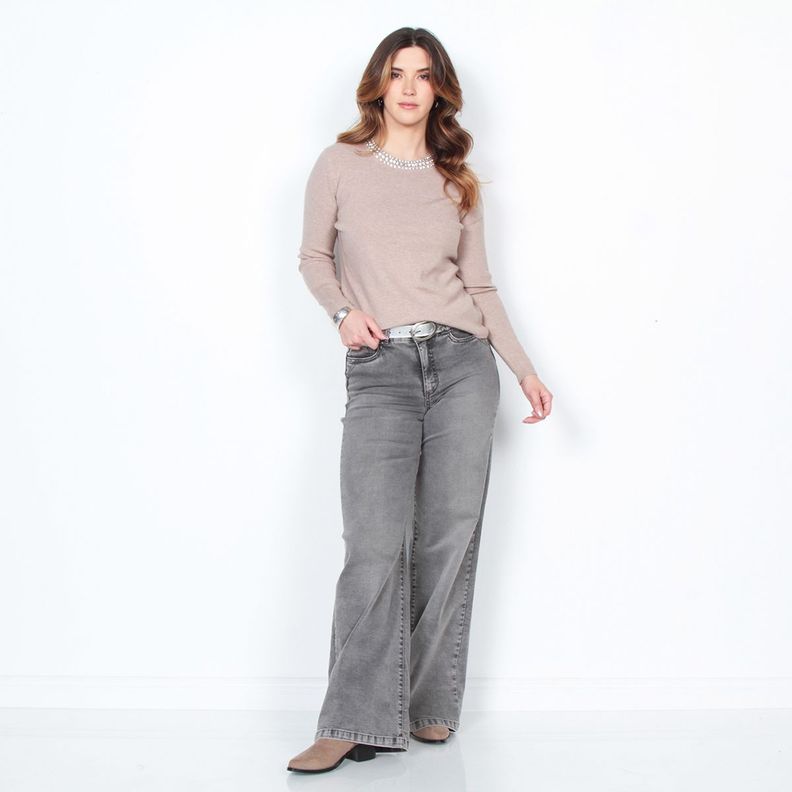 Sweater Manga Larga Solido Escote Redondo Con Aplicacion-2