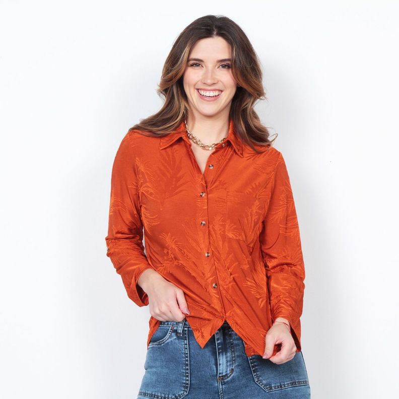 Blusa Manga Larga Con Textura Abotonada En El Frente Y Bolsillo-0
