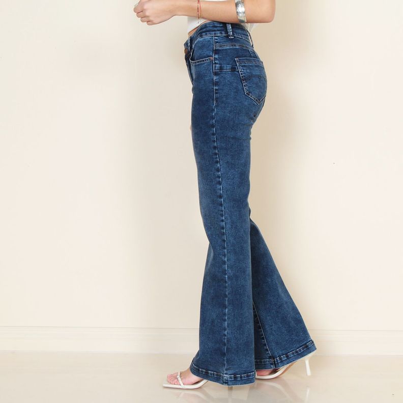 Jeans 1 Boton Push Up Flare Tiro Alto Pretina Basica-2