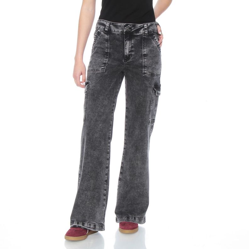 Jeans Recto, Cargo Tiro Alto , Pretina Un Boton Push Up-0