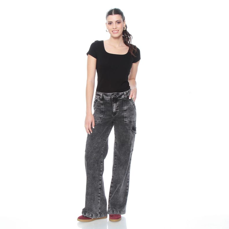 Jeans Recto, Cargo Tiro Alto , Pretina Un Boton Push Up-5