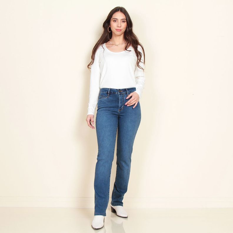 Jeans Clasico Recto Tiro Alto Pretina Basica Con Un Boton-0