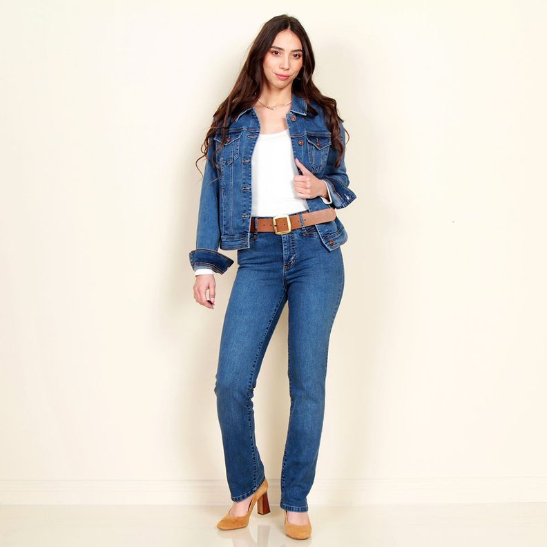 Jeans Clasico Recto Tiro Alto Pretina Basica Con Un Boton-1