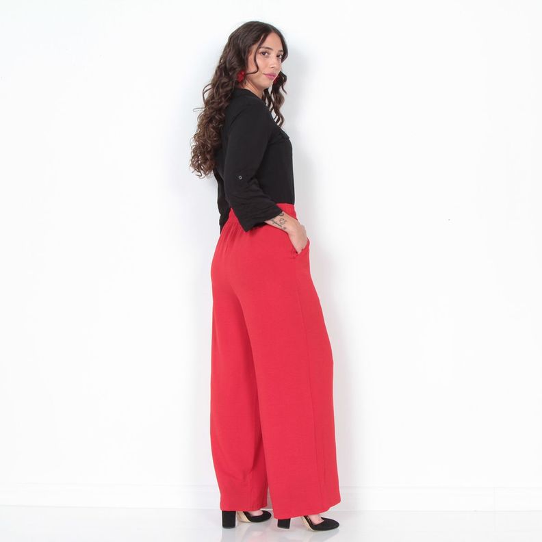 Pantalon Wide Leg Tiro Alto Solido Pretina Elasticada Con Bolsillo-1