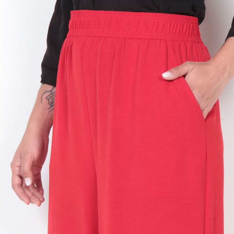 Pantalon Wide Leg Tiro Alto Solido Pretina Elasticada Con Bolsillo-3