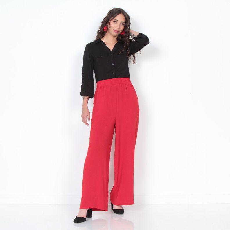 Pantalon Wide Leg Tiro Alto Solido Pretina Elasticada Con Bolsillo-4