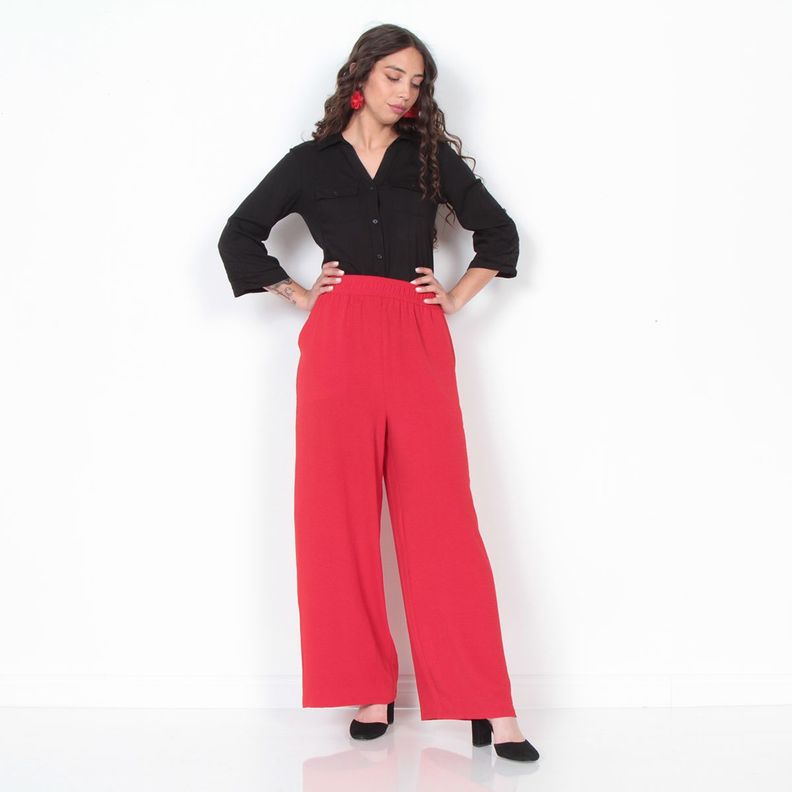 Pantalon Wide Leg Tiro Alto Solido Pretina Elasticada Con Bolsillo-5