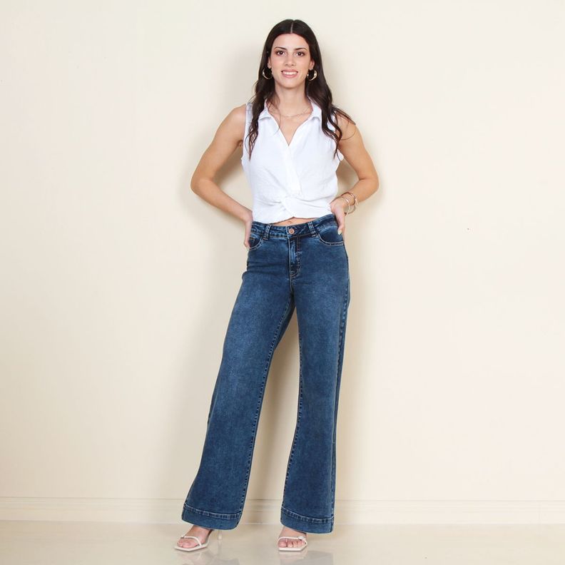 Jeans Wide Leg Pretina Basica 1 Boton Tiro Alto-3